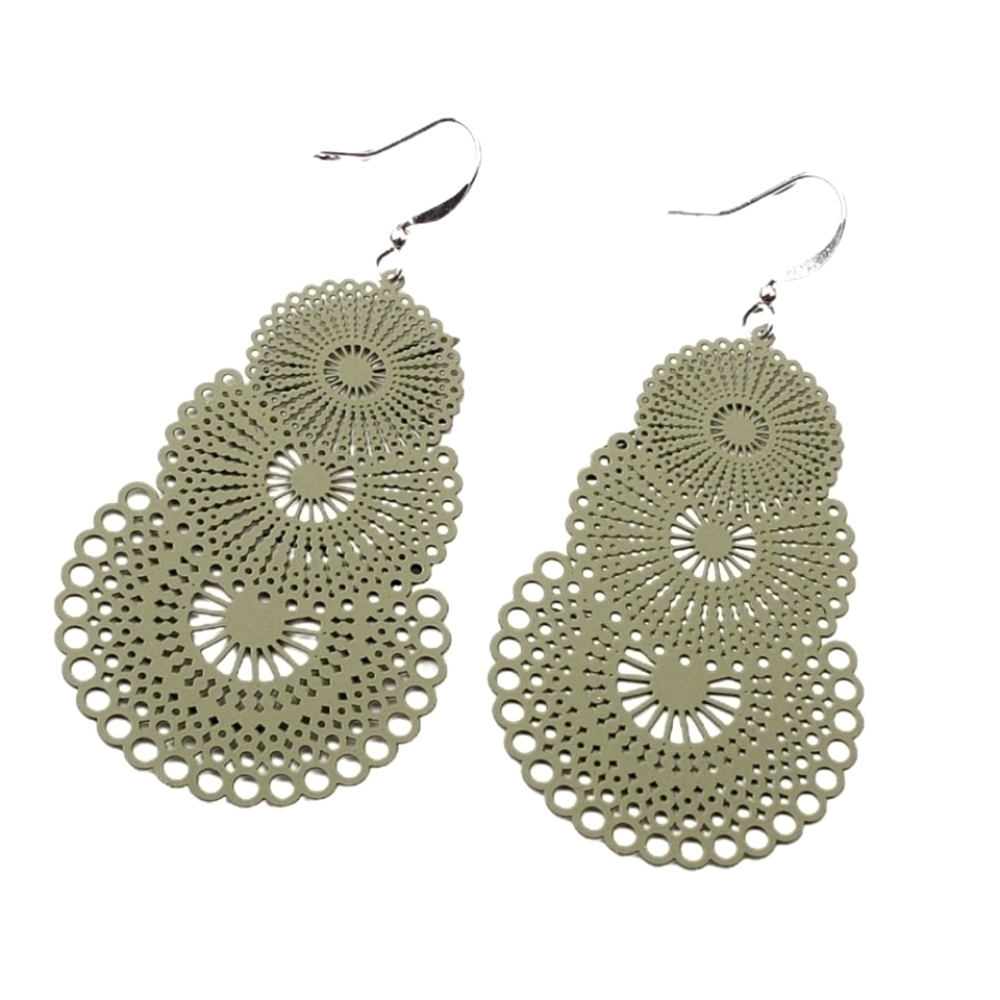 Intricate Hollow Out Geometric Three Tier Green Filigree Drop Earrings